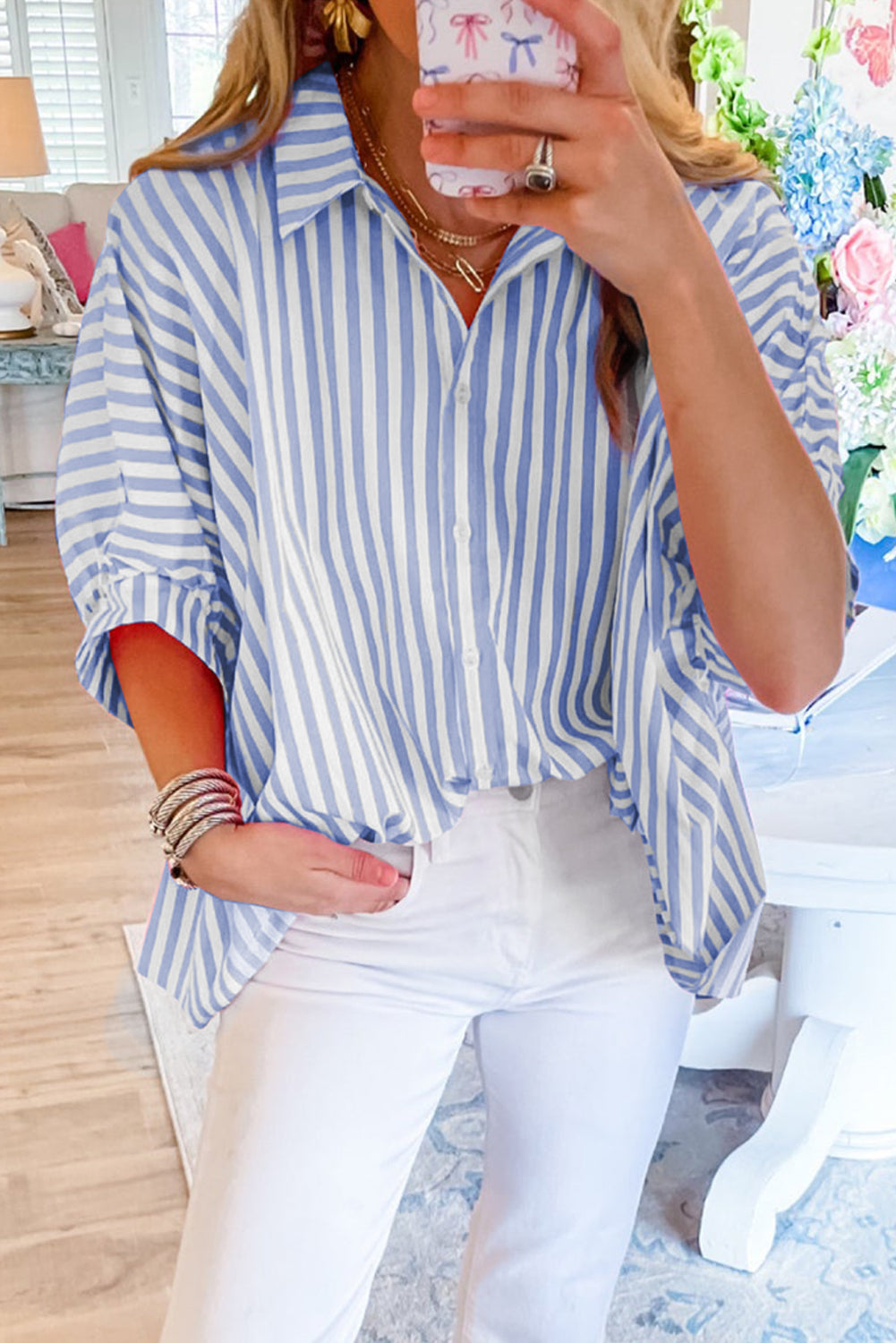 Briana | Casual Striped Oversized Button-Down with Dolman Sleeves