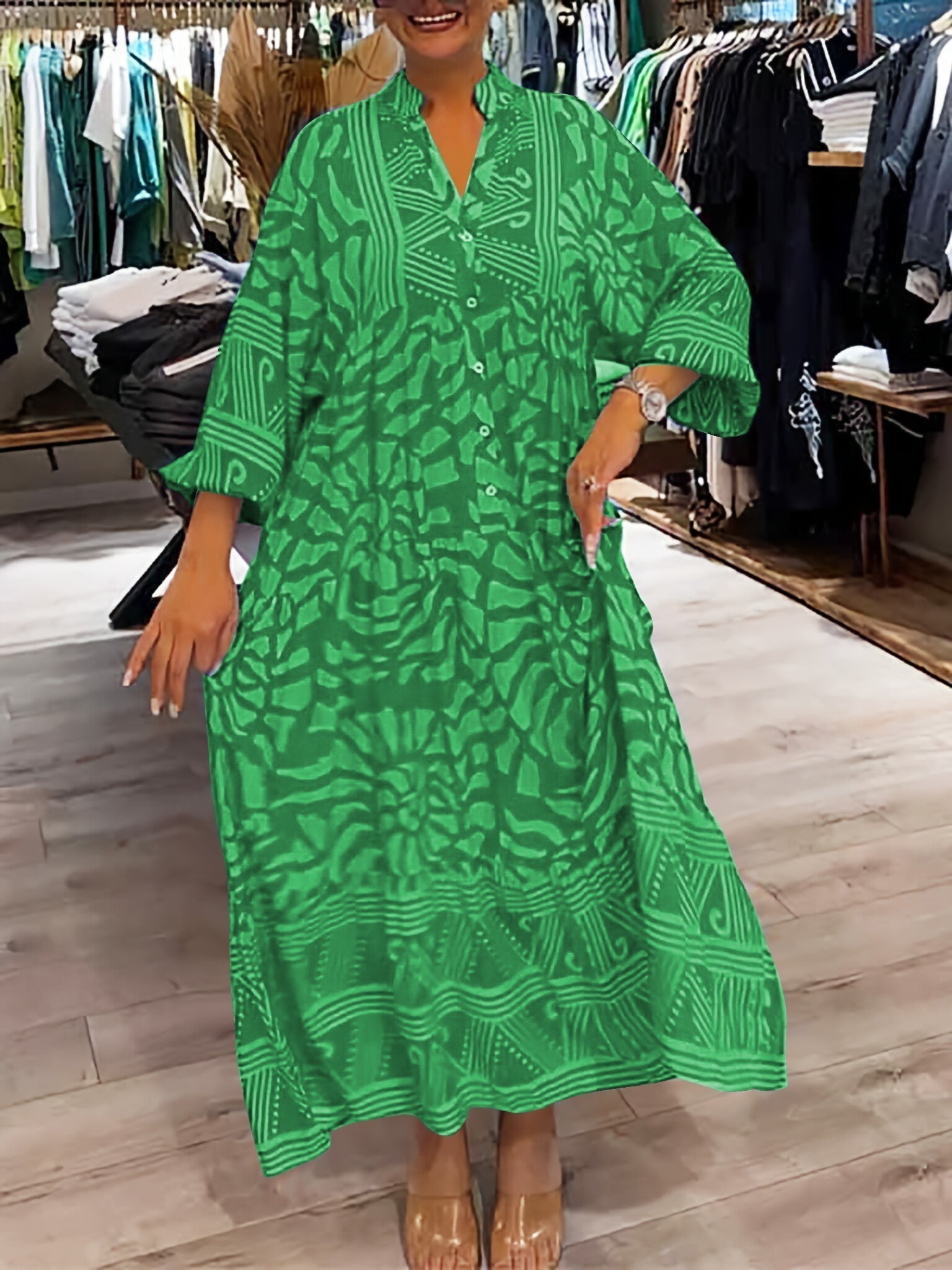 Elka V-Neck Dress – Printed, Loose Fit for Effortless Style