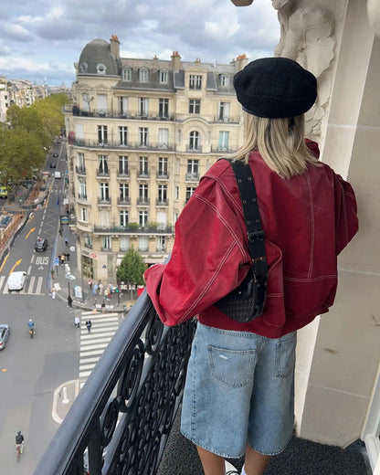 ‘Vintage Oversized Vegan Leather Jacket Ladies Red Black Buy | Casual and Stylish’