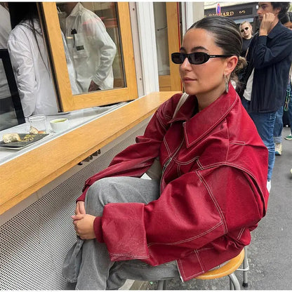 ‘Vintage Oversized Vegan Leather Jacket Ladies Red Black Buy | Casual and Stylish’