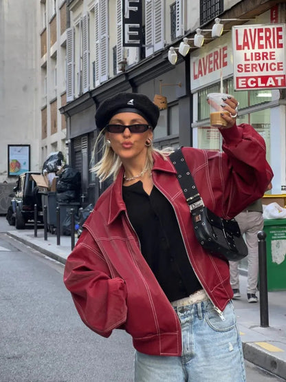 ‘Vintage Oversized Vegan Leather Jacket Ladies Red Black Buy | Casual and Stylish’
