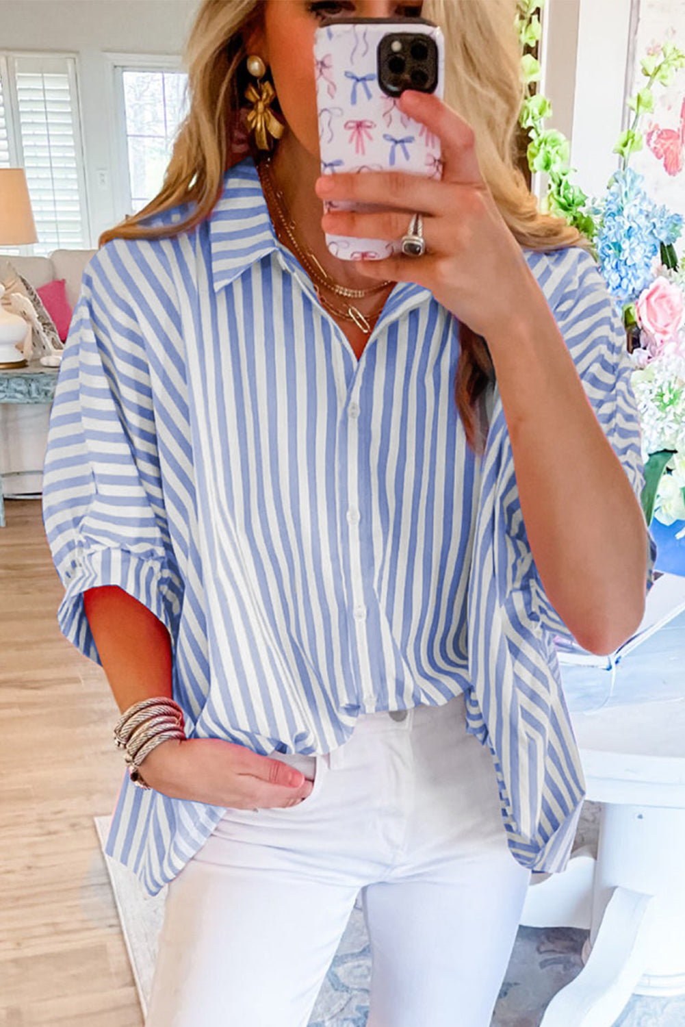 Briana | Casual Striped Oversized Button-Down with Dolman Sleeves