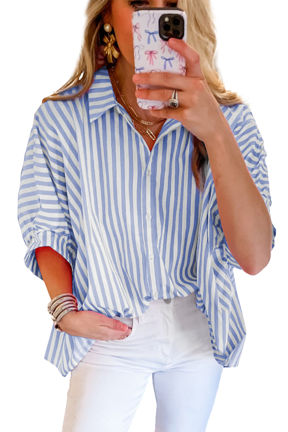 Briana | Casual Striped Oversized Button-Down with Dolman Sleeves
