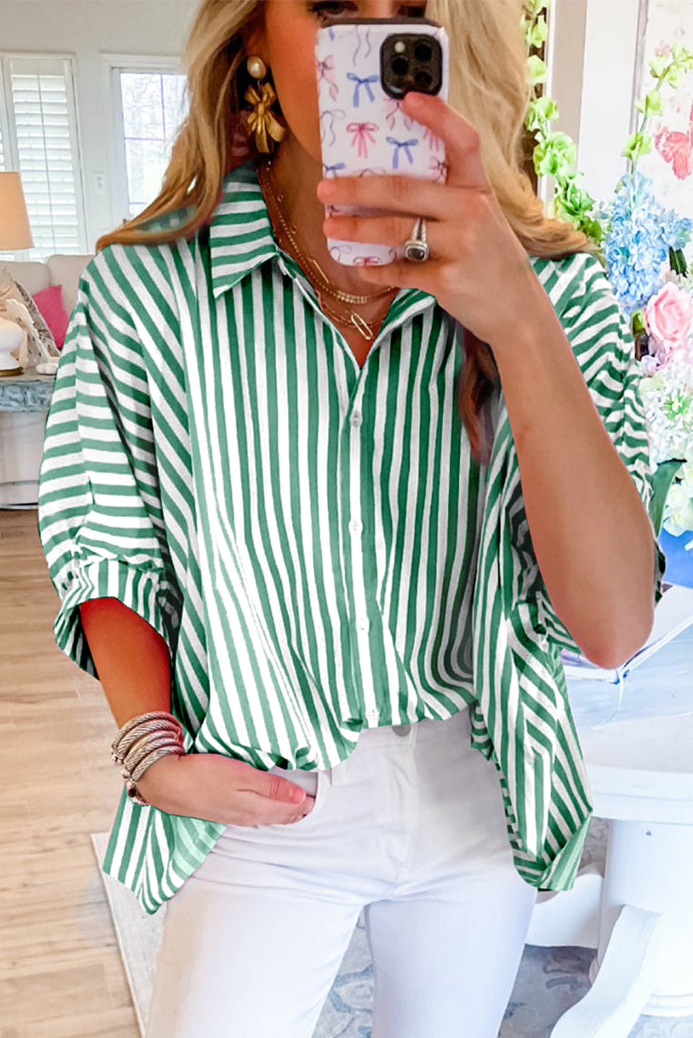 Briana | Casual Striped Oversized Button-Down with Dolman Sleeves