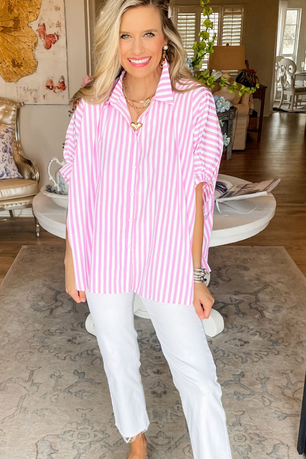 Briana | Casual Striped Oversized Button-Down with Dolman Sleeves