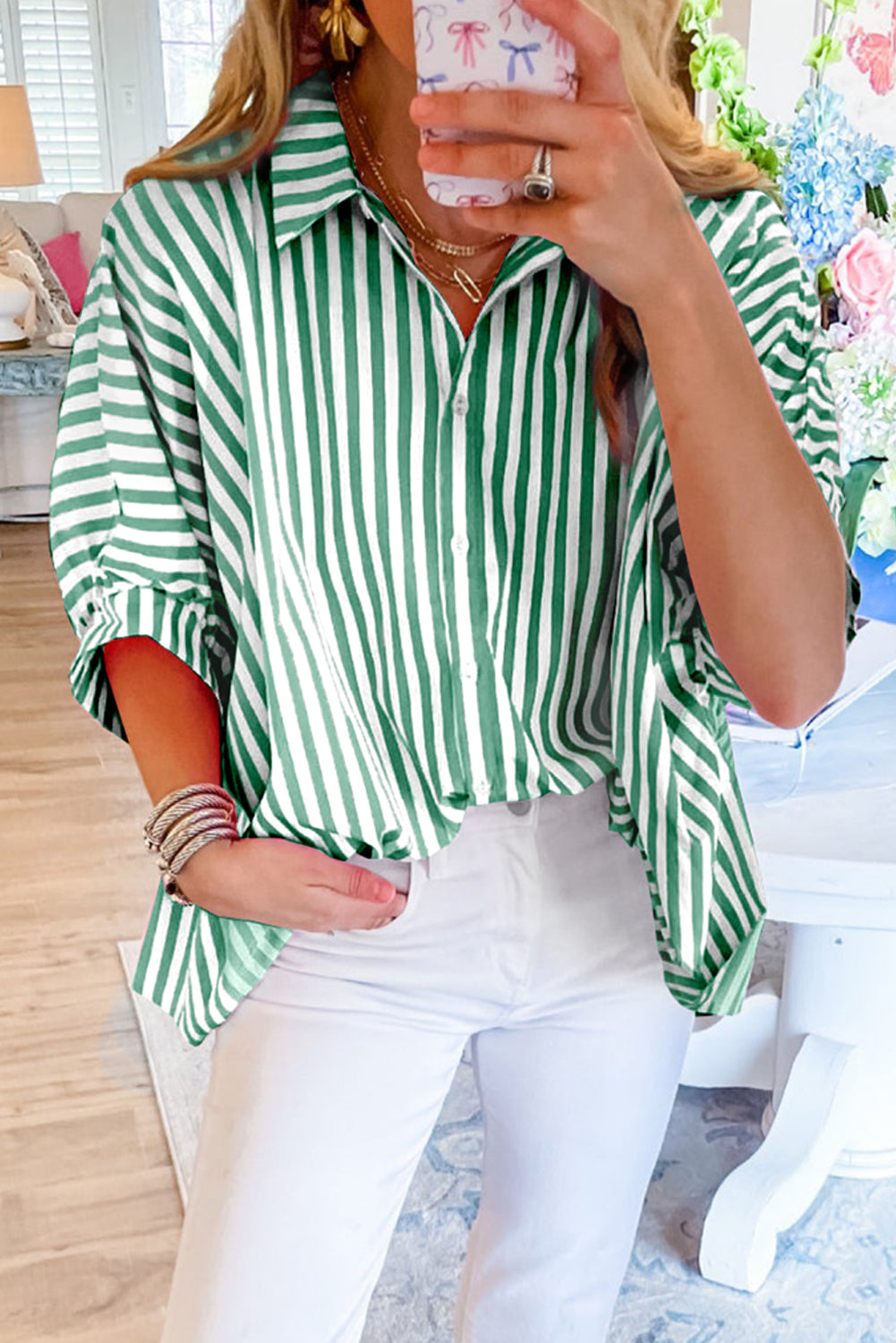 Briana | Casual Striped Oversized Button-Down with Dolman Sleeves