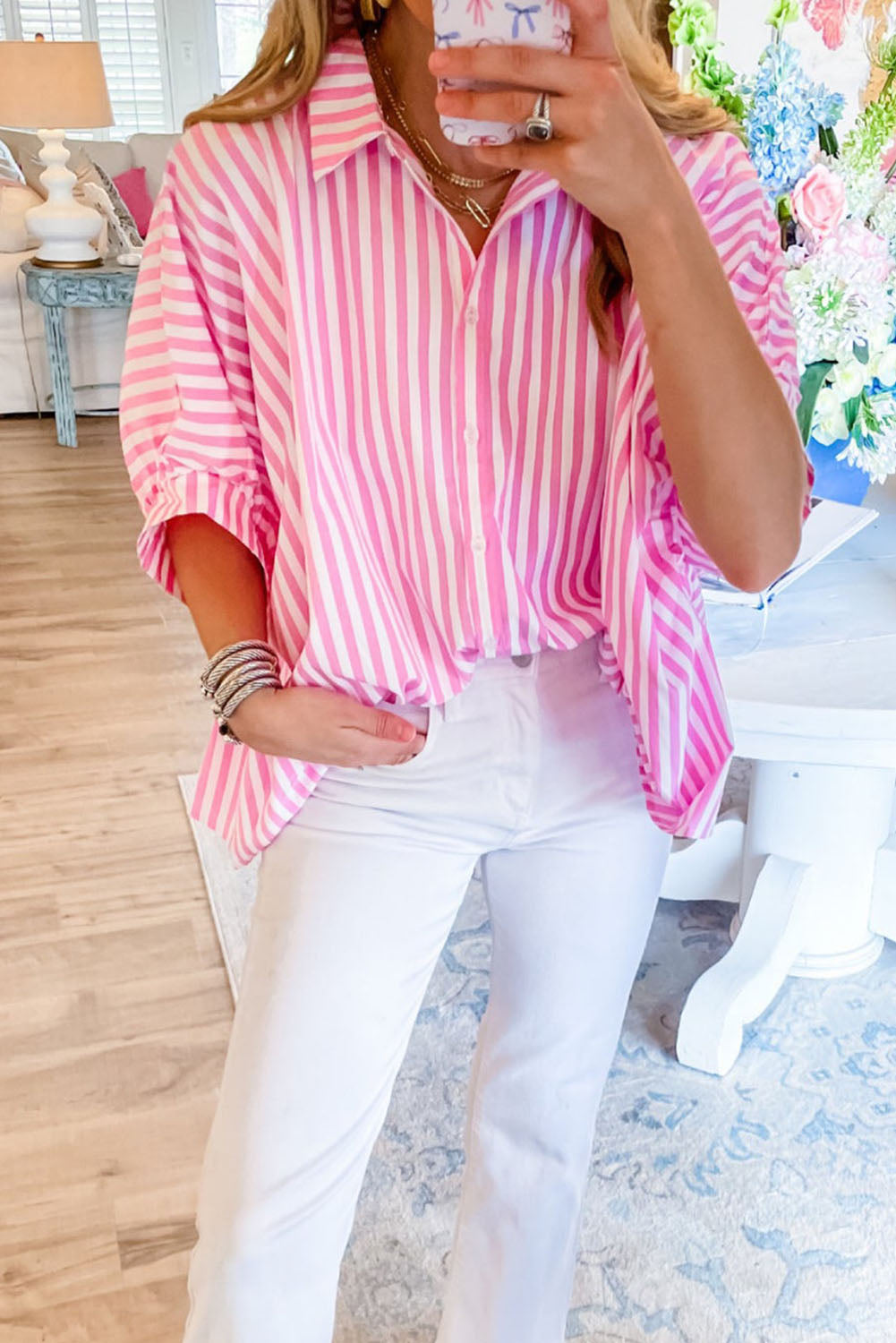 Briana | Casual Striped Oversized Button-Down with Dolman Sleeves