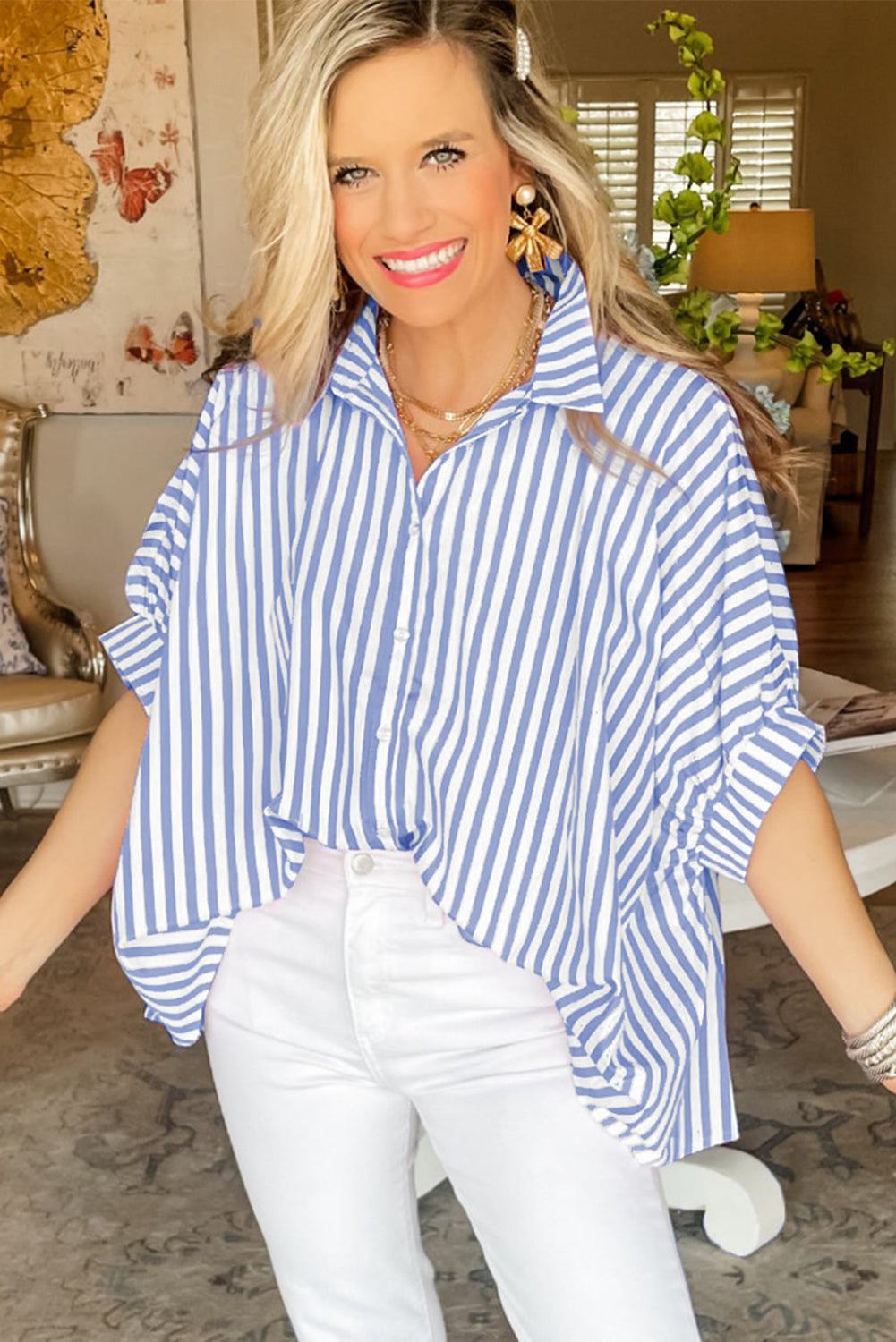 Briana | Casual Striped Oversized Button-Down with Dolman Sleeves