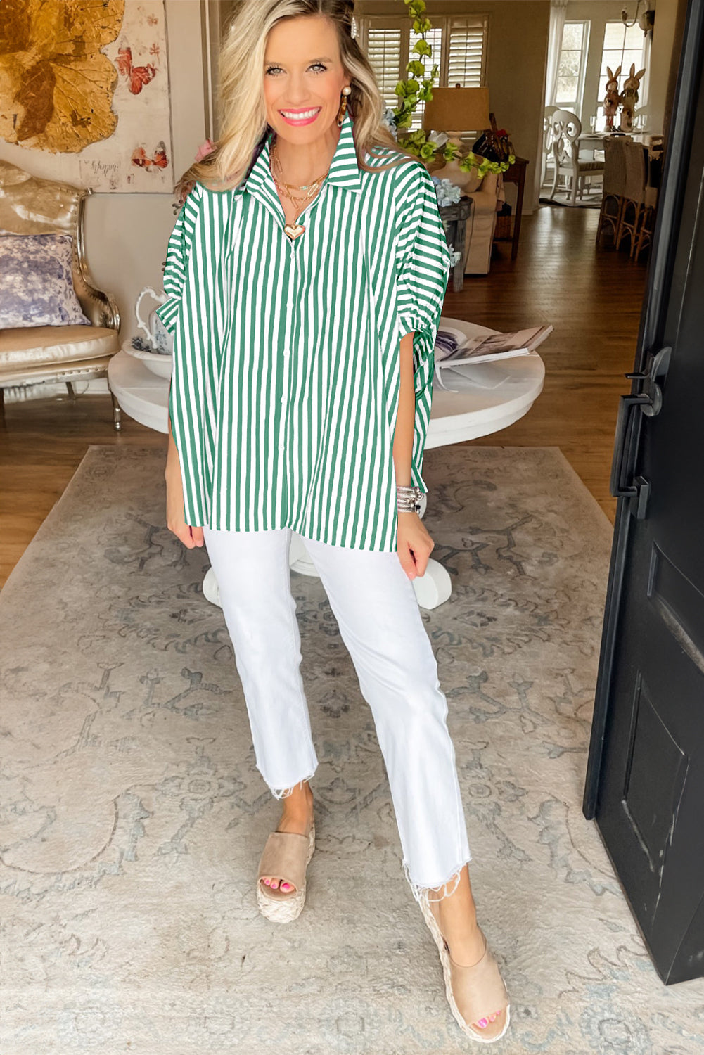 Briana | Casual Striped Oversized Button-Down with Dolman Sleeves