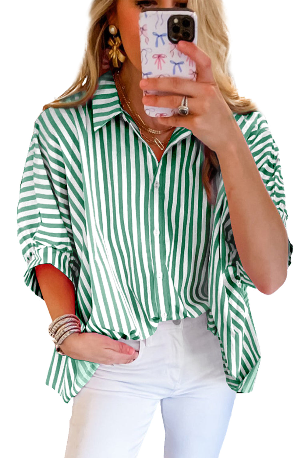 Briana | Casual Striped Oversized Button-Down with Dolman Sleeves